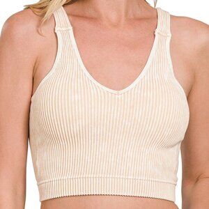 Washed Ribbed Cropped Seamless Bra Padded Tank Top Brami - Sand Beige